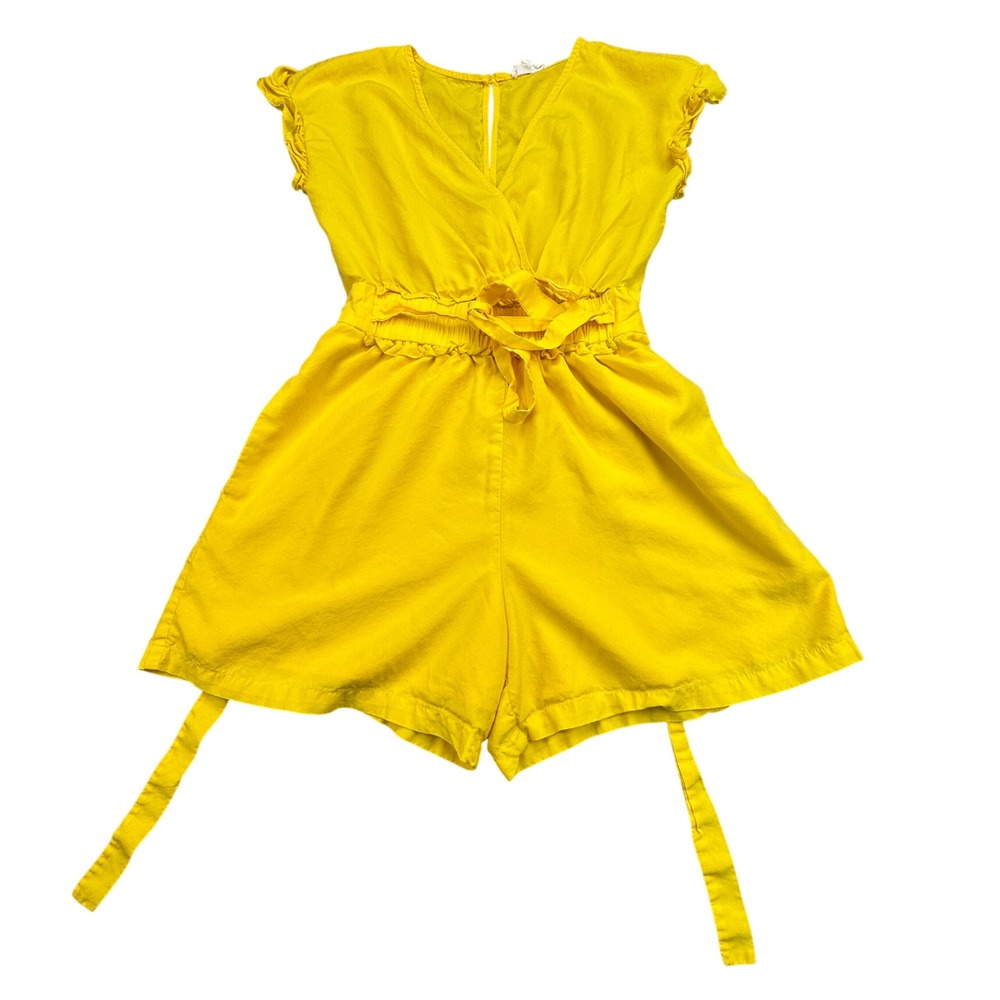 A Loves A Women's Romper Size XS Shorts Easter Yellow Ruffle Sleeve‎ Tie Waist